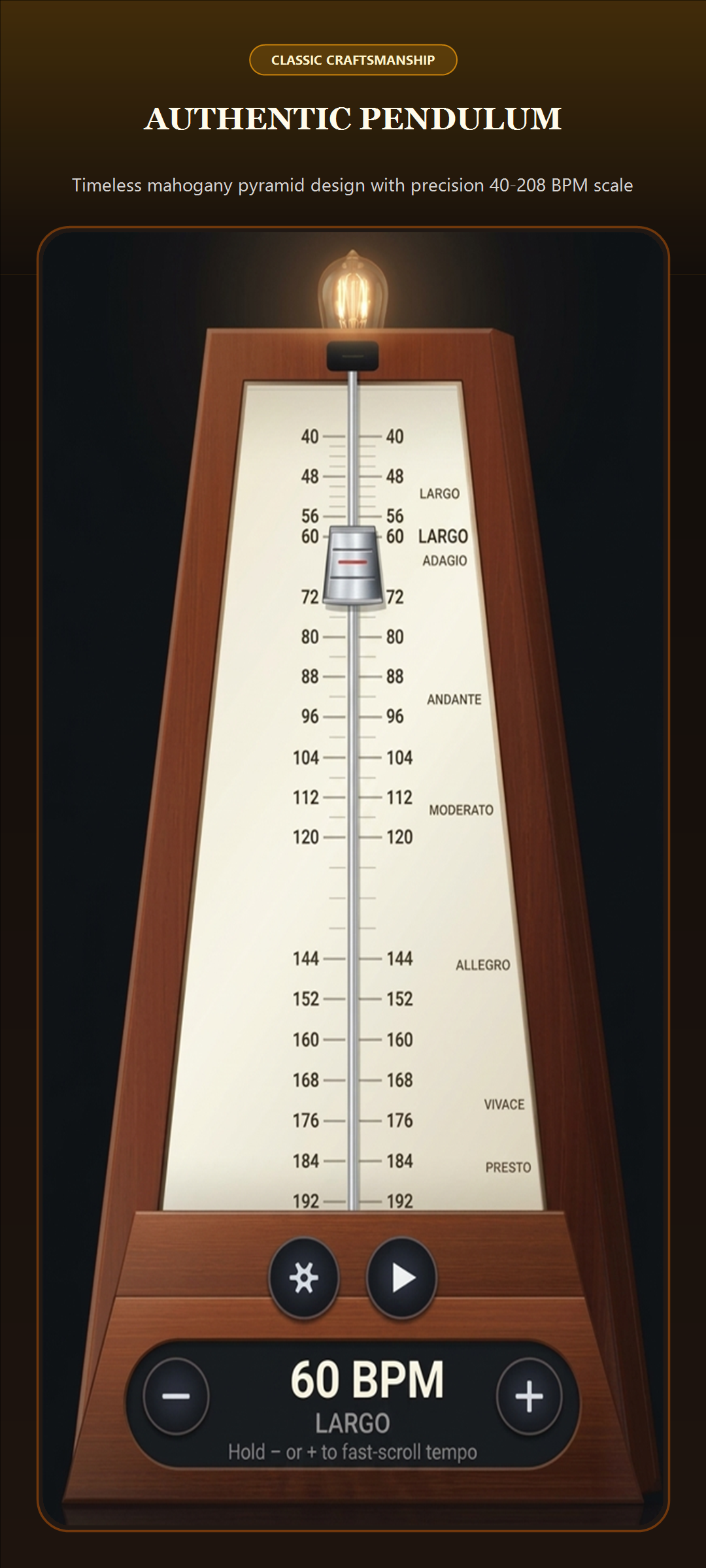 Classic Metronome Mahogany Pyramid Pendulum at 60 BPM Largo
