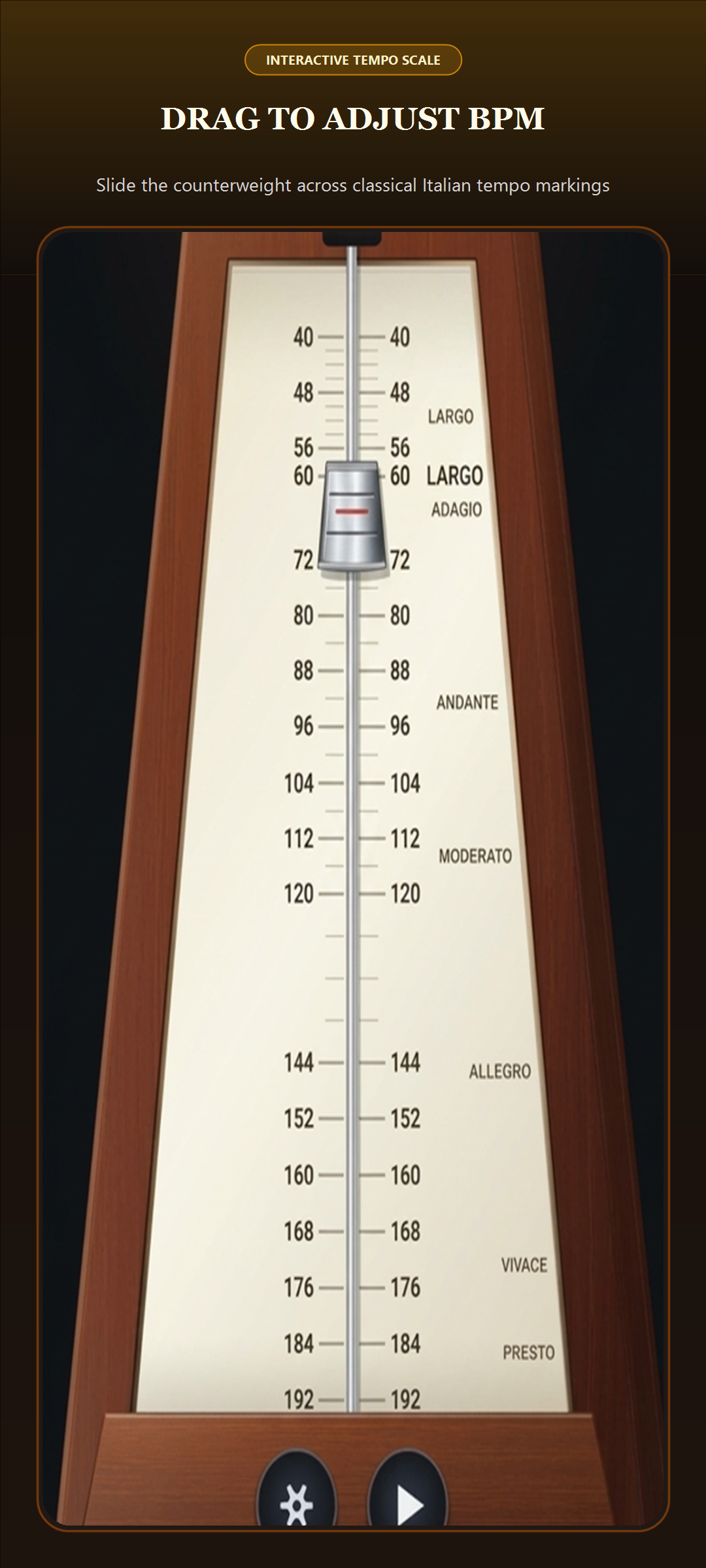 Interactive Sliding Counterweight along 40-208 BPM Scale