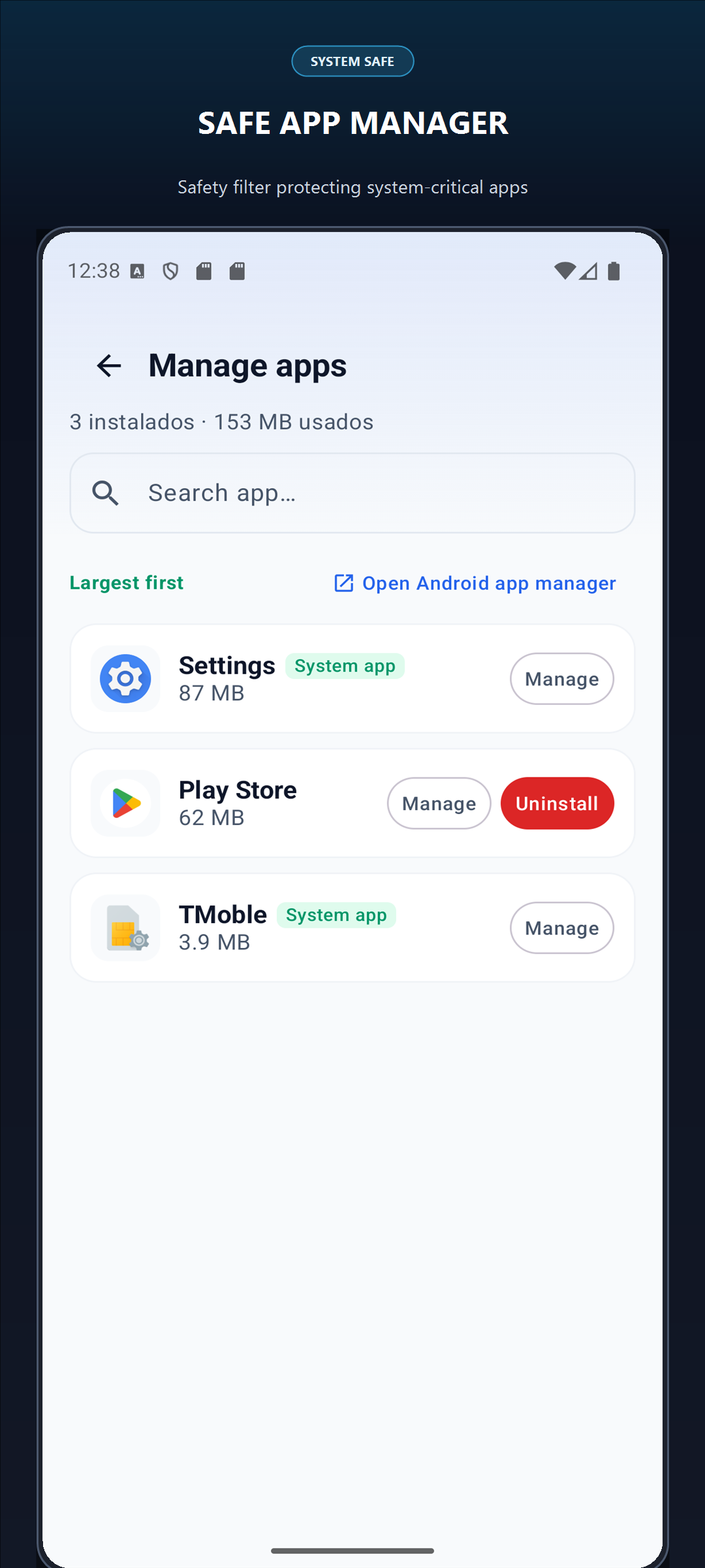 Safe App Manager with system-critical app protection